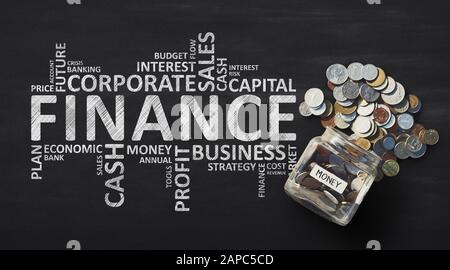 Finance Wordcloud With Money Savings In Jar, Black Background, Panorama Stock Photo