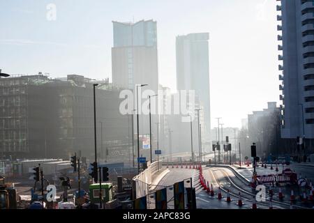 Tram extension construction work on Broad Street in Birmingham, West Midlands England UK Stock Photo