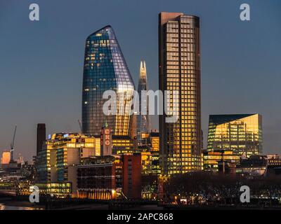 London Southbank Skyline - South Bank skyline including the Oxo Tower, the South Bank Tower, One Blackfriars, the Vase, 240 Blackfriars and the Shard Stock Photo