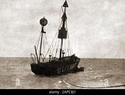 An historic photograph of the old  wooden  Galloper  North Sea Light vessel on the Galloper Shoal situated not far from the entrance to the English Channel.  The first light vessel was positioned here in 1803. The present vessel named of this name LIGHT VESSEL 93 was ordered by Trinity House in 1938 and was built by Philip & Son of Dartmouth. She is a vessel of riveted steel construction. She first served on the Galloper Station and then on mine watching duties on the Thames between 1947 and 1953. Stock Photo