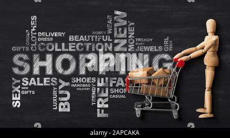 Wordcloud With Wooden Man And Shopping Cart Over Black Background Stock Photo
