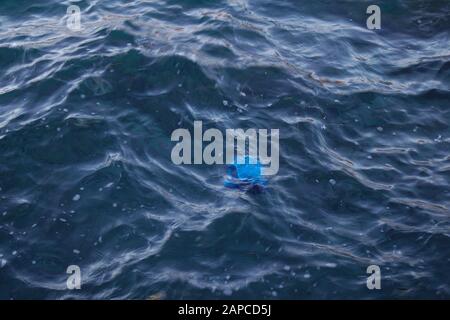 Close-up of the sea near the coast in which a blue plastic bottle is distinguished floating along the waves Stock Photo