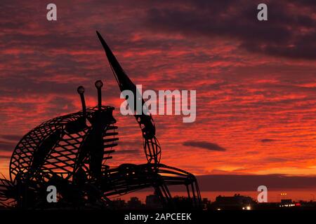 FARO, PORTUGAL: 8th DECEMBER 2019 - Crab statue in the natural marshlands at sunset located in Ria Formosa, Algarve, Portugal. Stock Photo