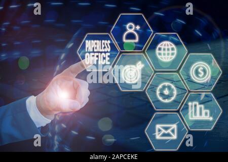 Word writing text Paperless Office. Business photo showcasing work environment in which the use of paper is eliminated Stock Photo