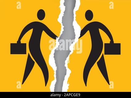 Canceled partnership, torn paper concept. Stylized illustration of Two partners shaking hands at meeting on ripped yellow paper. Vector available. Stock Vector