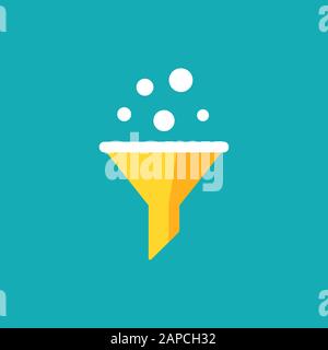 orange data filter with filtering circles. flat data funnel icon. isolated on blue background. Analytics info, tunnel information, flow exploration, v Stock Vector