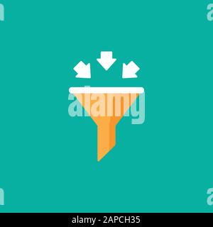 orange data filter with white arrows. Flat data funnel icon. isolated on blue background. Analytics info, tunnel information, flow exploration, vector Stock Vector