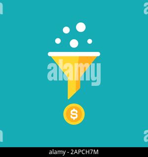 gold data filter or strainer with filtering circles and dollar coin. flat data funnel icon. isolated on blue. Analytics info, tunnel information, mark Stock Vector