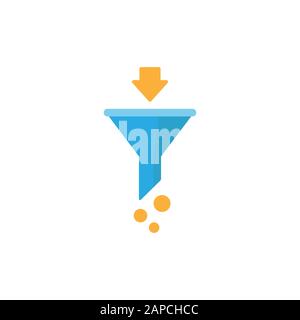 blue data filter with yellow arrow. Flat data funnel icon. isolated on white background. Analytics info, tunnel information, flow exploration, vector Stock Vector