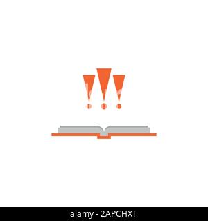 squared opened book with orange cover and three exclamation marks. Isolated on white. Flat reading icon. Vector illustration. Education logo. Library Stock Vector
