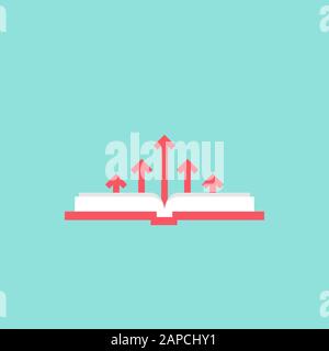 Open squared book with red up arrows. Flat icon isolated on blue background. Reading icon. Vector illustration. Study pictogram. Power of knowledge. F Stock Vector