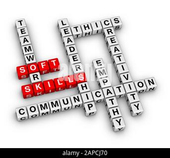 Personal Soft Skills Concept Word Cloud. 3D cubes crossword puzzle on white background. Stock Photo