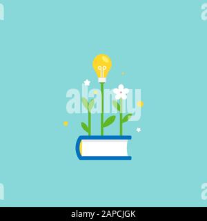 Blue book with green sprig or sprout, flower and bulb. Flat icon isolated on blue background. Vector illustration. Idea, study, school, inspiration co Stock Vector