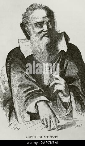 Galileo Galilei (1564-1642). Italian astronomer and physicist. Engraving by Bernardo Rico (1825-1894). Cronica General de España, Historia Ilustrada y Descriptiva de sus Provincias. Castilla-La Nueva, 1869. Stock Photo