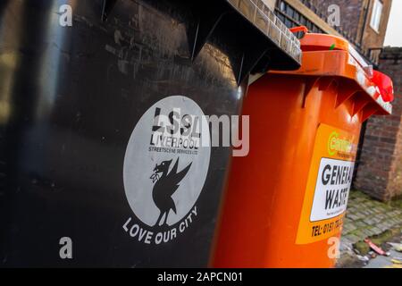 Refuse waste wheelie bins on city street, Liverpool Stock Photo