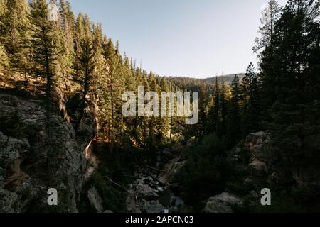 Sunset hike in the Jemez Mountains in Jemez Springs, New Mexico. Stock Photo