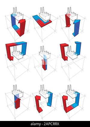 collection of nine heat pump diagrams  on example of factory showing possibilities of usage of heat pump Stock Vector