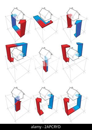 collection of nine heat pump diagrams  on example of house showing possibilities of usage of heat pump Stock Vector