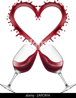 red wine glasses toast with heart shaped splash Stock Vector