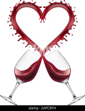 red wine glasses toast with heart shaped splash Stock Vector