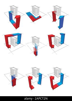 collection of nine heat pump diagrams  on example of apartment house showing possibilities of usage of heat pump Stock Vector