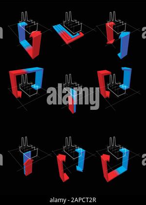 collection of nine heat pump diagrams  on example of factory showing possibilities of usage of heat pump Stock Vector