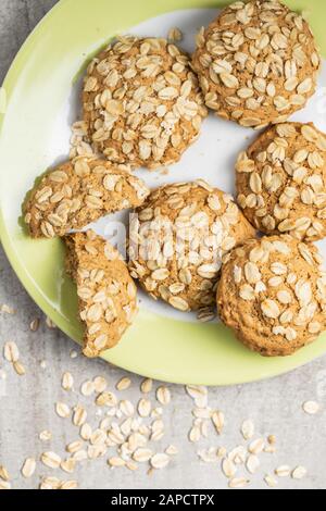 Cereal oatmeal cookies on plate. Top view. Stock Photo