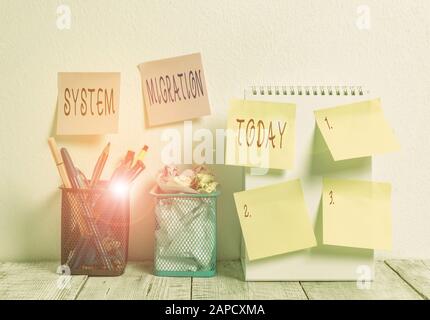 Word writing text System Migration. Business photo showcasing moving from the use of one operating environment to another 6 Sticky Notes on Wall Open Stock Photo