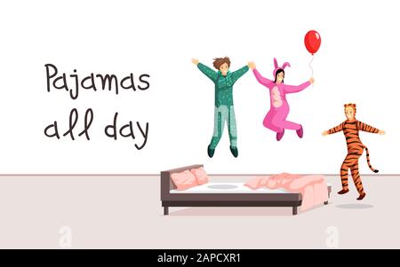 Pajamas all day banner vector template. Sleepover costumes store, hen party, overnight stay poster concept. Cheerful girlfriends in pyjamas having fun together illustration with typography Stock Vector