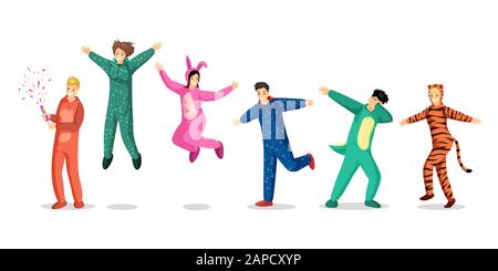 People friends on pajamas party set vector illustration. Cartoon
