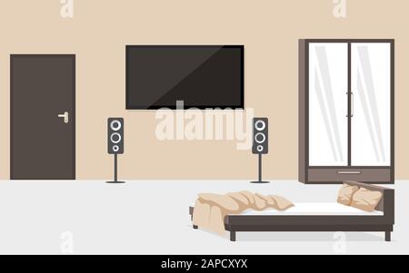 Contemporary bedroom furnishing flat vector illustration. Modern apartment room with no people, luxurious hotel number interior decor. Unmade bed and big television set hanging on wall Stock Vector