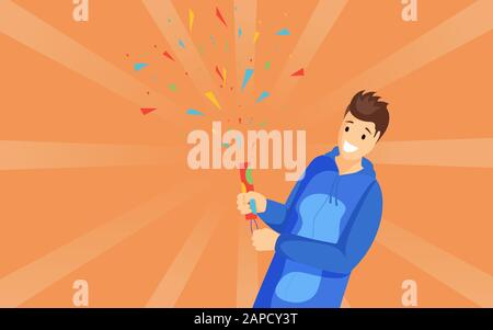 Guy with petard vector illustration. Happy young man holding firecracker, firing confetti cartoon character. Kid celebrating holiday, special event isolated on orange background with sunburst effect Stock Vector