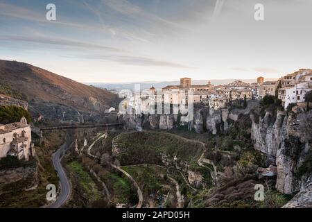 Panoramic view of the cliffs of the Huecar River gorge and the medieval city of Cuenca built on the limestone mountains. Europe Spain Castilla la Manc Stock Photo