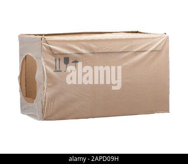 rectangular box wrapped in transparent polyethylene, box for transporting bottles, side view Stock Photo