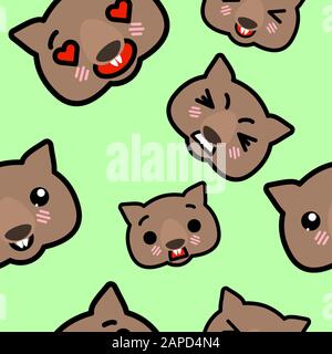 Seamless pattern with cute kawaii emoji wombats. vector cartoon illustration Stock Vector