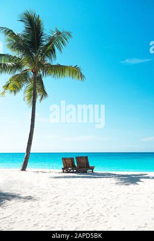 Panoramic view of a beautiful sunny day on sandy beach in the Maldives. Tropical travel concept. Stock Photo
