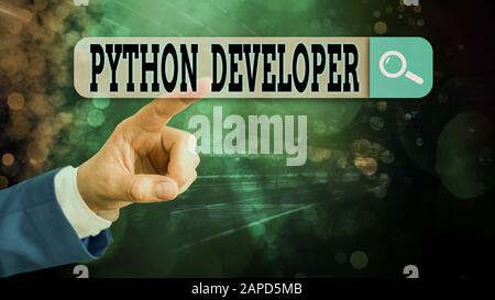 Text sign showing Python Developer. Business photo showcasing responsible for writing serverside web application logic Stock Photo