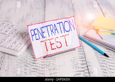 Writing note showing Penetration Test. Business concept for authorized simulated cyberattack on a computer system Notepaper on wire in between compute Stock Photo
