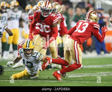 Santa Clara, CA, USA. 19th Jan, 2020. San Francisco 49ers free safety  Jimmie Ward (20) and San Francisco 49ers defensive back Emmanuel Moseley  (41) upends Green Bay Packers wide receiver Allen Lazard (