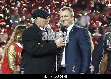 FOX broadcaster Terry Bradshaw presents the George Halas Trophy to San  Francisco 49ers general manager John Lynch following the NFL football NFC  Championship game, Sunday, Jan. 19, 2020, in Santa Clara, Calif.