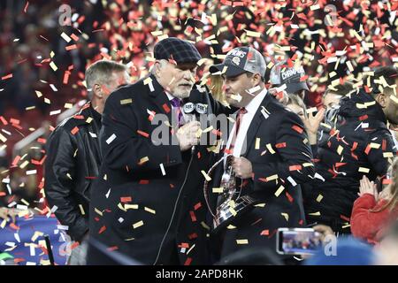 Santa Clara, United States. 19th Jan, 2020. MVP San Francisco 49ers running  back Raheem Mostert holds the George Halas Trophy and his son Gunner ater  the 49ers won the NFC Championship by