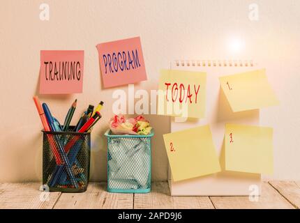 Word writing text Training Program. Business photo showcasing learn specific knowledge or skills to improve perforanalysisce 6 Sticky Notes on Wall Op Stock Photo