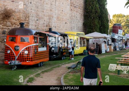 FARO, PORTUGAL: 5th SEPTEMBER, 2019 - Food area with diversity of vendors in Festival F, a big music festival on the city of Faro, Portugal. Stock Photo