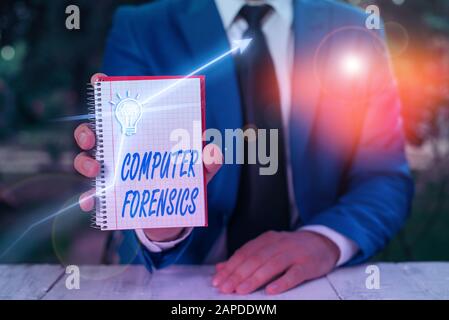 Text sign showing Computer Forensics. Business photo text the investigative analysis techniques on computers Stock Photo