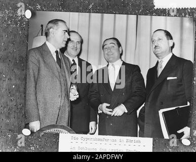 Cyprus conference between Greece and Turkey in Zurich by Prime Minister Karamanlis (Greek) Minister of Foreign Affairs Zorlu (Turkey) Prime Minister Menderes (Turkey), Evangelos Averoff Annotation: Repronegative Date: 10 February 1959 Location: Zurich Keywords: ministers, prime ministers Personal name: Karamanlis, Konstantinos, Menderes, Adnan, Zorlu, Fatui Rustu Stock Photo