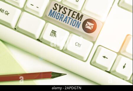 Writing note showing System Migration. Business concept for moving from the use of one operating environment to another Stock Photo