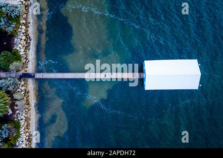 Swan River, Perth, Western Australia - Dec 28 2019: Overhead shot of the Crawley Boat House or Crawley Edge Boatshed on the swan river near King's Par Stock Photo