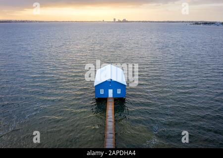 Swan River, Perth, Western Australia - Dec 28 2019: Aerial sunrise shot of the Crawley Boat House or Crawley Edge Boatshed on the swan river near King Stock Photo