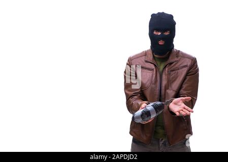 The robber wearing balaclava isolated on white background Stock Photo