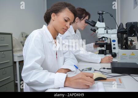 two female science working with microscopes in a laboratory Stock Photo